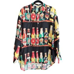 Exterior 100% Silk Beer Bottle Print Shirt‎ Y2K Men's Medium